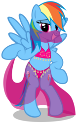 Size: 1092x1732 | Tagged: safe, artist:mlp-scribbles, rainbow dash, pegasus, pony, g4, belly dancer, bipedal, clothes, female, hooves, lidded eyes, mare, midriff, panties, rainbow dash always dresses in style, see-through, show accurate, simple background, smiling, solo, spread wings, teeth, thong, transparent background, underwear, vector, veil, wings