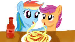 Size: 1280x720 | Tagged: safe, artist:jbond, rainbow dash, scootaloo, pegasus, pony, g4, blushing, duo, eating, female, filly, foal, food, ketchup, lady and the tramp, mare, sauce, spaghetti