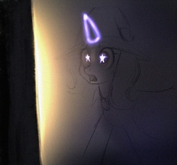 Size: 771x720 | Tagged: safe, artist:mrwolf, trixie, pony, unicorn, g4, dark, female, glowing, glowing eyes, magic, mare, photo, solo, traditional art