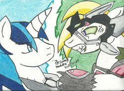 Size: 1024x757 | Tagged: safe, artist:slanderoptim7th, shining armor, oc, changeling, g4, traditional art, vendetta