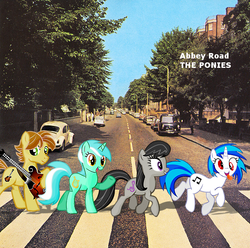 Size: 640x636 | Tagged: safe, artist:darkkon13, dj pon-3, lyra heartstrings, mandopony, octavia melody, vinyl scratch, earth pony, pony, unicorn, g4, abbey road, car, cutie mark, derp, female, guitar, hooves, horn, irl, male, mare, open mouth, parody, photo, ponies in real life, smiling, stallion, street, teeth, tongue out, vector