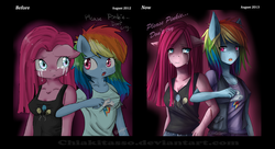 Size: 1024x558 | Tagged: safe, artist:chiakitasso, pinkie pie, rainbow dash, anthro, g4, comparison, draw this again, female, lesbian, pinkamena diane pie, ship:pinkiedash, shipping