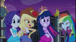 Size: 1157x640 | Tagged: safe, screencap, applejack, rainbow dash, rarity, twilight sparkle, equestria girls, g4, my little pony equestria girls, bare shoulders, clothes, dashface, dress, fall formal outfits, female, sleeveless, strapless, twilight ball dress