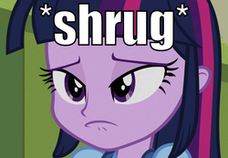 Size: 866x600 | Tagged: safe, edit, edited screencap, screencap, twilight sparkle, equestria girls, g4, descriptive noise, female, image macro, meme, shrug, solo, text