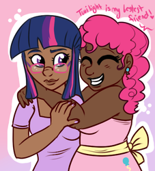 Size: 400x440 | Tagged: safe, artist:lulubell, pinkie pie, twilight sparkle, human, g4, dark skin, humanized