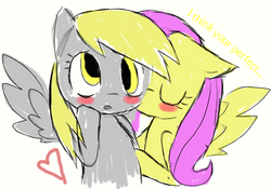 Size: 768x539 | Tagged: safe, artist:farfromserious, derpy hooves, fluttershy, pegasus, pony, g4, blushing, derpyshy, duo, female, floppy ears, heart, lesbian, mare, misspelling of you're, shipping