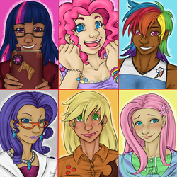 Size: 900x900 | Tagged: safe, artist:myra-avalon, applejack, fluttershy, pinkie pie, rainbow dash, rarity, twilight sparkle, human, g4, dark skin, humanized, mane six