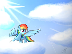 Size: 2000x1500 | Tagged: safe, artist:giftry365, rainbow dash, pegasus, pony, g4, cloud, female, mare, on a cloud, sky background, solo, standing on a cloud