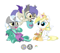 Size: 2800x2500 | Tagged: safe, artist:equestria-prevails, princess celestia, oc, oc only, oc:aster, oc:cloud skipper, oc:midnight blossom, bat pony, dragon, pony, g4, candy, clothes, cloudblossom, colt, costume, filly, food, lollipop, male, mummy, nightmare night, royal guard, simple background, transparent background