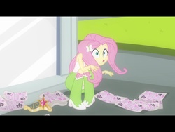 Size: 1024x768 | Tagged: safe, screencap, fluttershy, human, equestria girls, g4, element of magic, female, letterboxing, sitting, solo