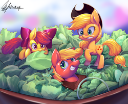 Size: 3384x2767 | Tagged: dead source, safe, artist:jggjqm522, apple bloom, applejack, big macintosh, earth pony, pony, g4, apple siblings, bow, cowboy hat, female, filly, hair bow, hat, male, mare, micro, nom, salad, stallion