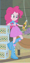 Size: 241x498 | Tagged: safe, screencap, pinkie pie, equestria girls, equestria girls (movie), animated, apple cider, balloon, boots, bottle opener, cider, clothes, cropped, drinking, female, food, gif, grapes, high heel boots, juice, pinkie being pinkie, pinkie physics, prehensile mane, skirt, solo