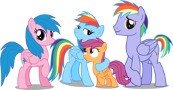 Size: 3049x1585 | Tagged: safe, artist:vector-brony, firefly, rainbow blaze, rainbow dash, scootaloo, pegasus, pony, g1, g4, adopted offspring, family, female, filly, firefly as rainbow dash's mom, foal, g1 to g4, generation leap, jossed, male, mare, parent:firefly, parent:rainbow blaze, parents:fireblaze, rainbow dash's parents, scootalove, ship:fireblaze, simple background, stallion, transparent background, vector