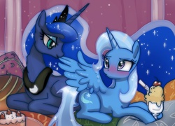 Size: 971x700 | Tagged: safe, artist:johnjoseco, edit, princess luna, trixie, alicorn, pony, g4, blushing, female, lesbian, luxie, milkshake, preening, shipping, trixiecorn