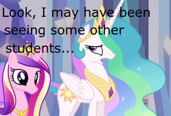 Size: 638x434 | Tagged: safe, princess cadance, princess celestia, equestria girls, g4, adultery, image macro, infidelity