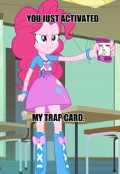 Size: 469x681 | Tagged: safe, edit, edited screencap, screencap, pinkie pie, equestria girls, g4, angry, balloon, boots, bracelet, chair, clothes, door, high heel boots, iphone, jewelry, meme, skirt, trap card, yaranaika, yu-gi-oh!