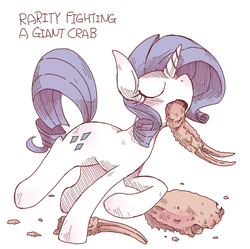 Size: 1000x997 | Tagged: safe, artist:kolshica, rarity, crab, pony, unicorn, g4, dead, eating, eyelashes, eyes closed, female, mare, open mouth, ponies eating meat, ponies eating seafood, rarity fighting a giant crab, solo, tumblr