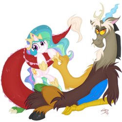 Size: 1100x1100 | Tagged: safe, artist:falleninthedark, discord, princess celestia, g4, discord being discord, duo, filly