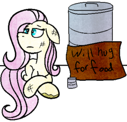 Size: 366x352 | Tagged: safe, artist:idontkn0ow, fluttershy, g4, female, homeless, sad, simple background, solo, transparent background, will x for y