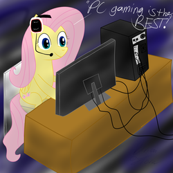 Size: 3600x3600 | Tagged: safe, artist:idontkn0ow, fluttershy, pegasus, pony, g4, computer, female, gamershy, headset, mare, monitor, solo