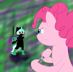 Size: 6156x6101 | Tagged: safe, artist:idontkn0ow, lyra heartstrings, pinkie pie, g4, duo, fight, sword, weapon
