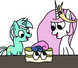 Size: 551x483 | Tagged: dead source, safe, artist:idontkn0ow, bon bon, lyra heartstrings, princess celestia, sweetie drops, alicorn, pony, unicorn, g4, cake, cakelestia, female, food, food transformation, i have no mouth and i must scream, imminent vore, inanimate tf, mare, simple background, this will end in tears, transformation, transparent background, trio, wat