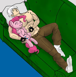 Size: 887x900 | Tagged: safe, artist:cjvselinmortal, pinkie pie, human, g4, buff, clothes, couch, crossover, dante (devil may cry), devil may cry, devil may cry 3, muscles, nap, partial nudity, sleeping, topless