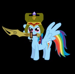 Size: 1284x1272 | Tagged: safe, artist:vincentthecrow, rainbow dash, g4, female, mouth hold, simple background, solo, sword, xiaolin showdown