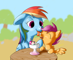 Size: 1500x1250 | Tagged: safe, artist:shoroch, rainbow dash, scootaloo, pegasus, pony, g4, female, filly, food, ice cream, licking, mare, scootalove, tongue out