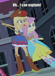 Size: 562x781 | Tagged: safe, edit, edited screencap, screencap, applejack, fluttershy, equestria girls, g4, bare shoulders, bondage, caption, female, implied shipping, lesbian, out of context, rope, ship:appleshy, shipping, sleeveless, strapless, text edit, tied up, uhh i can explain