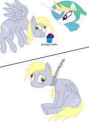 Size: 2003x2868 | Tagged: safe, artist:the-laughing-horror, derpy hooves, princess celestia, pegasus, pony, g4, chains, collar, female, imprisonment, mare, trio