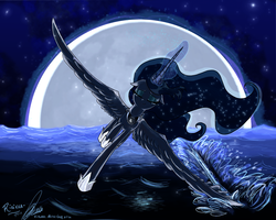 Size: 2500x2000 | Tagged: safe, artist:rinikka, princess luna, alicorn, pony, g4, bubble, crying, feather, female, flowing mane, flowing tail, flying, magic, mare, moon, moon work, ocean, skimming, solo, splash, spread wings, tail, water, wings, working