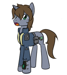Size: 647x719 | Tagged: safe, artist:inlucidreverie, oc, oc only, oc:littlepip, pony, unicorn, fallout equestria, clothes, cutie mark, fanfic, fanfic art, hooves, horn, jumpsuit, male, open mouth, pipbuck, rule 63, simple background, solo, stallion, vault suit, white background
