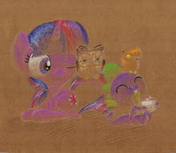 Size: 1178x1024 | Tagged: safe, artist:getchanoodlewet, owlowiscious, peewee, spike, twilight sparkle, g4, prone, traditional art