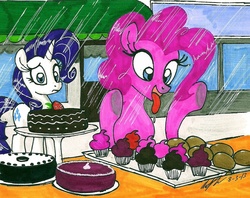 Size: 1280x1013 | Tagged: safe, artist:newyorkx3, pinkie pie, rarity, g4, cake, cupcake, shop, tongue out, traditional art