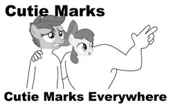 Size: 960x595 | Tagged: safe, apple bloom, scootaloo, g4, grayscale, meme, x x everywhere