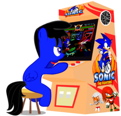 Size: 3440x3272 | Tagged: safe, artist:bigdream64, oc, oc only, arcade, arcade cabinet, arcade game, crossover, fang the sniper, knuckles the echidna, male, miles "tails" prower, playing, sega, simple background, sitting, sonic the fighters, sonic the hedgehog, sonic the hedgehog (series), stool, transparent background, vector