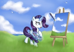 Size: 3000x2093 | Tagged: dead source, safe, artist:vird-gi, rarity, bird, pony, seagull, unicorn, g4, easel, female, magic, paintbrush, painting, palette, plein air, solo, tongue out