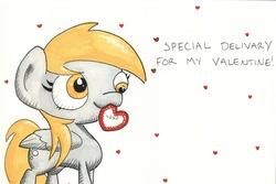 Size: 1193x796 | Tagged: safe, artist:getchanoodlewet, derpy hooves, pegasus, pony, g4, female, heart, mare, mouth hold, solo, valentine