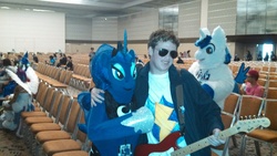 Size: 3264x1836 | Tagged: safe, flash sentry, princess luna, shining armor, bronycon, g4, cosplay, exploitable meme, fursuit, irl, photo, ponysuit, waifu thief