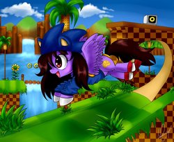 Size: 988x809 | Tagged: safe, artist:zorbitas, oc, oc only, cloud, cosplay, crossover, green hill zone, male, platformer, solo, sonic the hedgehog, sonic the hedgehog (series), water, waterfall