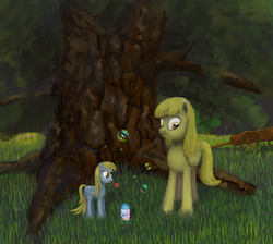 Size: 1587x1422 | Tagged: safe, artist:wollw, derpy hooves, fanfic:bubbles, g4, derpy's mother, duo, fanfic art, filly, tree