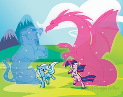 Size: 1800x1425 | Tagged: safe, artist:mellowyellowpony, artist:selective-yellow, trixie, twilight sparkle, bear, dragon, pony, unicorn, ursa, ursa minor, g4, magic duel, cutie mark, duel, duo, female, field, fight, glowing horn, horn, looking at each other, magic, mare, rearing, scenery, unicorn twilight