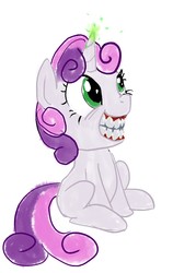 Size: 768x1216 | Tagged: artist needed, safe, sweetie belle, g4, creepy, female, grin, magic, mouth, sitting, smiling, solo, squee, teeth