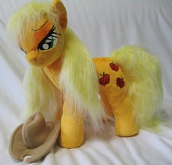 Size: 500x479 | Tagged: safe, artist:rens-twin, applejack, g4, bedroom eyes, hat, irl, loose hair, photo, plushie, solo, wet mane