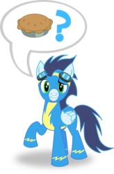 Size: 492x750 | Tagged: safe, artist:shadefox, soarin', pegasus, pony, g4, clothes, folded wings, goggles, male, pie, question mark, simple background, solo, speech bubble, stallion, that pony sure does love pies, transparent background, uniform, wings, wonderbolts uniform