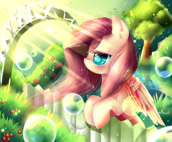 Size: 4000x3300 | Tagged: safe, artist:aquagalaxy, fluttershy, g4, bubble, female, fence, garden, solo, sunlight