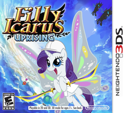 Size: 900x801 | Tagged: safe, artist:nickyv917, rarity, changeling, parasprite, pony, unicorn, g4, 3ds, game, game cover, glimmer wings, kid icarus, kid icarus: uprising, nintendo, parody, sky, video game, wahaha, weather factory uniform, wings