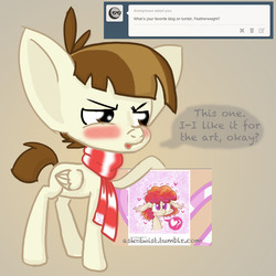 Size: 1000x1000 | Tagged: safe, artist:danadyu, artist:minkidoodles, featherweight, twist, earth pony, pegasus, pony, ask twist, g4, blushing, clothes, crush, featherweight responds, scarf, shipping