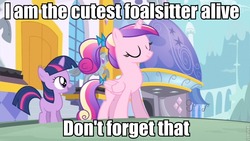 Size: 853x480 | Tagged: safe, princess cadance, twilight sparkle, g4, cutest pony alive, filly, foalsitter, image macro, roflbot, younger